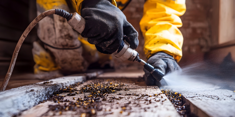 Ein Mann in gelber Schutzmontur sprüht Schädlingsbekämpfungsmittel zwischen Holzbalken