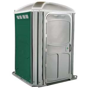 Freistehende mobile Toilette mit grauer Tür und grünem Gehäuse
