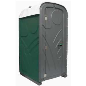 Mobiles Toilettenhäuschen mit grauer Tür und grüner Seitenwand