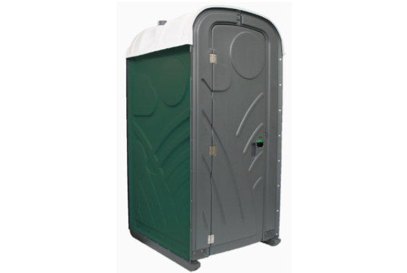 Mobiles Toilettenhäuschen mit grauer Tür und grüner Seitenwand