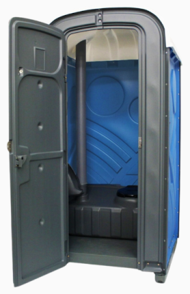 Offenes mobiles Toilettenhäuschen mit grauer Tür und blauem Innenraum