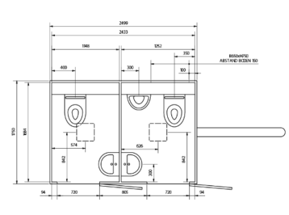 Schwarz-weiße technische Zeichnung eines zweifachen Toilettenraums mit Maßen und zwei Türen als Grundrissplan